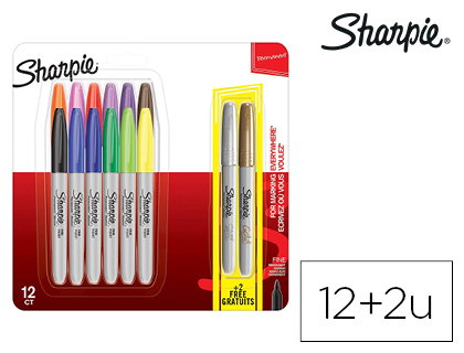 MARCADORES SHARPIE PERMANENTE PONTA FINA BLISTER DE 12 UNIDADES CORES SORTIDAS + 2 UNIDADES COM CORES METALICAS GRATIS