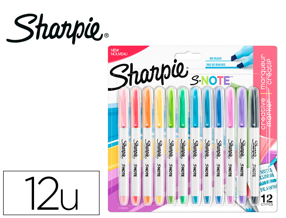 MARCADOR SHARPIE PERMANENTE S-NOTE PONTA BISELADA TRACO 1,2 /3,87 MM BLISTER 12 UNIDADES CORES SORTIDAS
