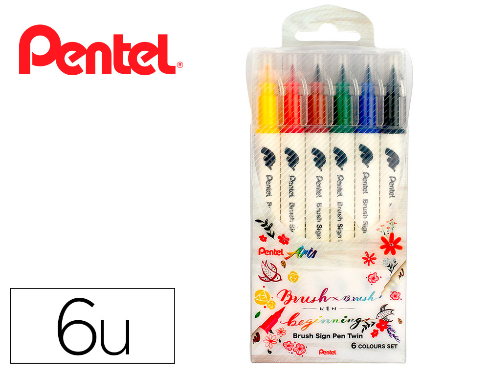 PINCEL PENTEL BRUSH SIGN PEN COM PONTA DUPLA ESTOJO COM 6 UNIDADES