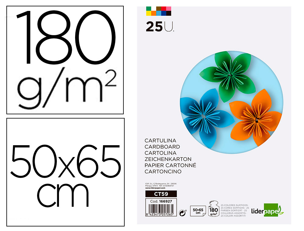 CARTOLINA LIDERPAPEL 50X65 CM 180 GR 25 CORES SORTIDAS PACK DE 25 UNIDADES