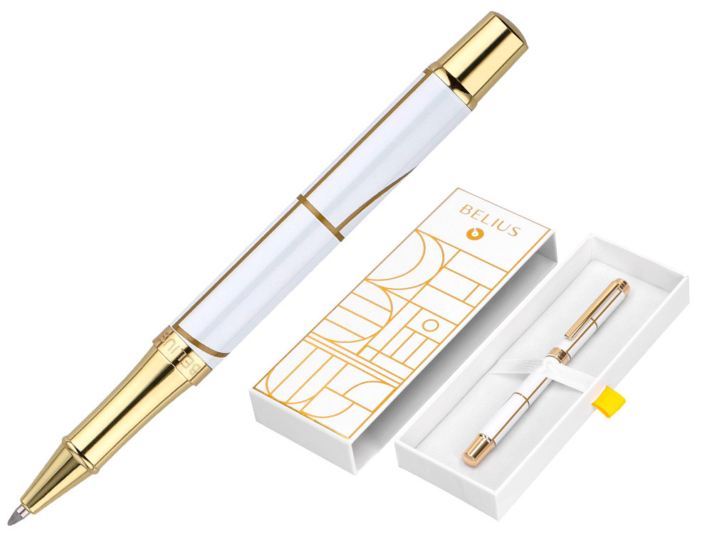 ROLLER BELIUS CARTE BLANCHE DESENHO BRANCO E DOURADO TINTA PRETA CAIXA DESIGN