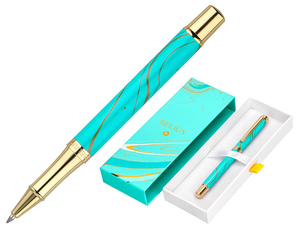 ROLLER BELIUS AQUA ALUMINIO DESENHO TURQUESA E DOURADO TINTA PRETA CAIXA DESIGN