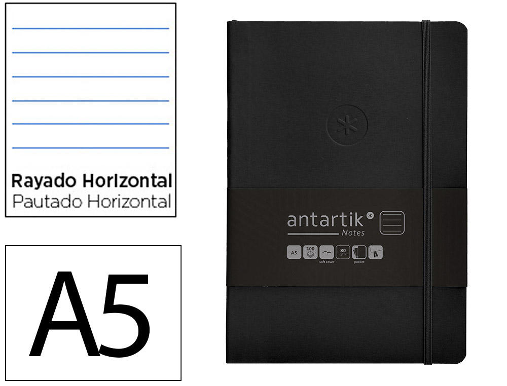 CADERNO COM ELASTICO ANTARTIK NOTES CAPA MOLE A5 PAUTADO PRETO 80 FOLHAS 80 GR FSC