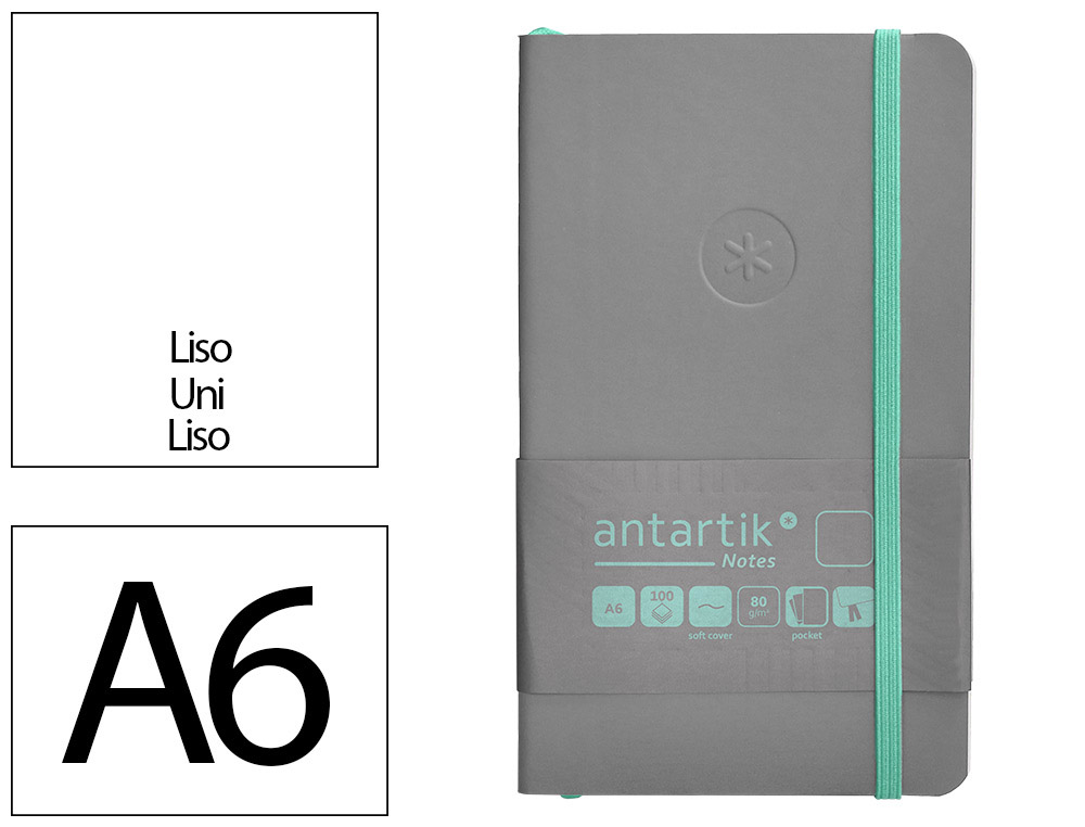 CADERNO COM ELASTICO ANTARTIK NOTES CAPA MOLE A6 LISO CINZA E TURQUESA 100 FOLHAS 80 GR FSC