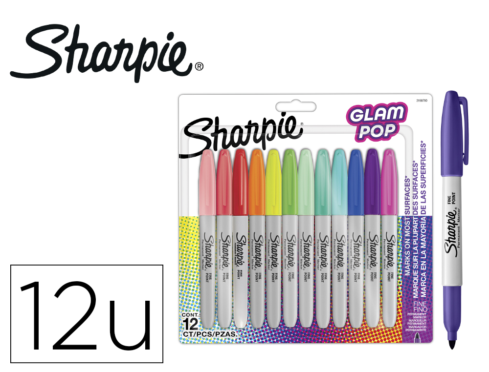 MARCADOR SHARPIE PERMANENTE FINO GLAM POP BLISTER DE 12 UNIDADES CORES SORTIDAS