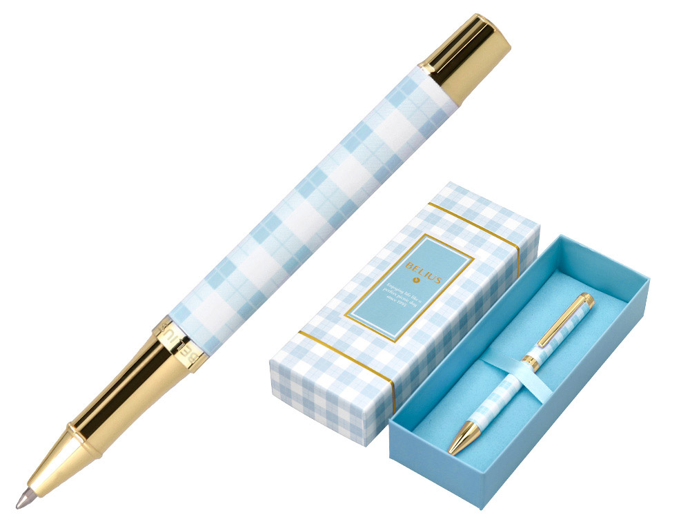 ESFEROGRAFICA BELIUS PICNIC ALUMINIO COR AZUL CELESTE DOURADO TINTA AZUL CAIXA DE DESIGN