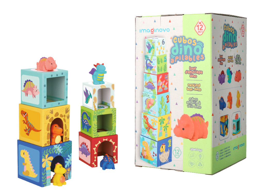 JOGO INFANTIL IMAGINOVO CUBOS EMPILHAVEIS NINHOS DINOSSAUROS +12 MESES 12 PECAS 13X13X13CM
