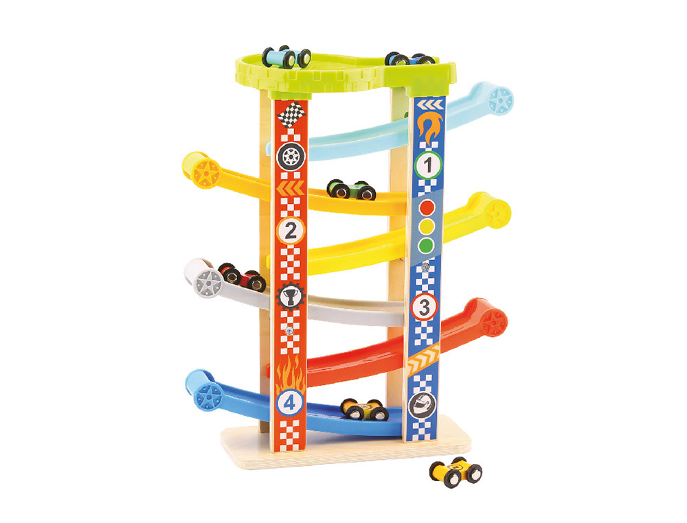 JOGO INFANTIL IMAGINOVO MADEIRA TORRE DE DESLIZAMENTO COM 7 NIVEIS INCLUI 6 CARROS +18 MESES 38X32X14CM