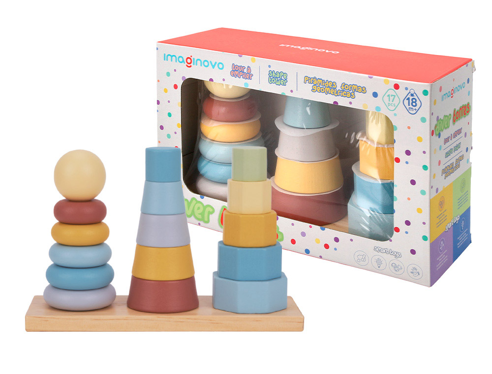 JOGO INFANTIL IMAGINOVO MADEIRA TORRE DE FORMAS EMPILHAVEIS +18 MESES 17 PECAS 28X20X9CM