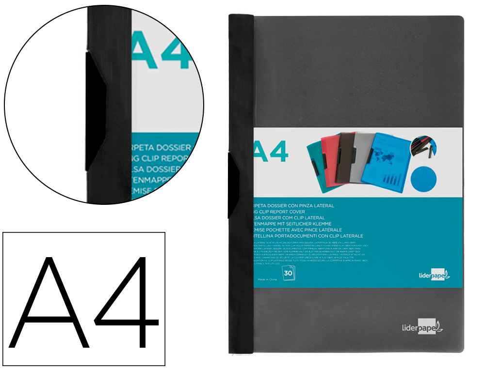 BOLSA DOSSIER LIDERPAPEL COM CLIP LATERAL DIN A4 PRETO 30 FOLHAS