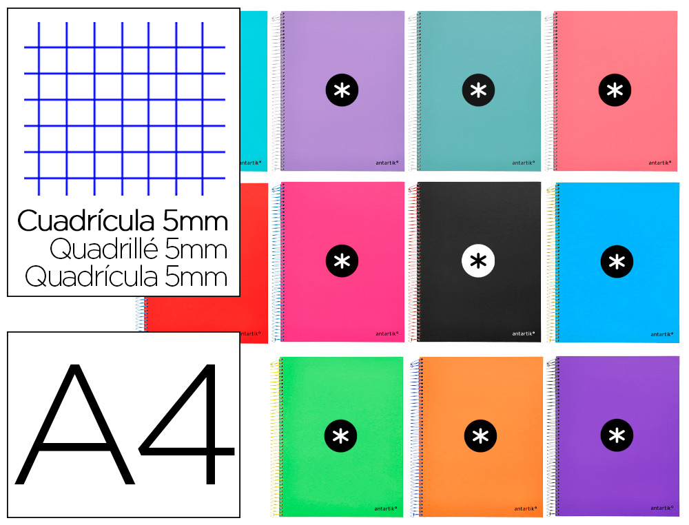 CADERNO ESPIRAL DIN A4 ANTARTIK CAPA FORRADA 120 F 100 GR QUADRICULA 5MM 5 BANDAS DE CORES CORES SORTIDAS