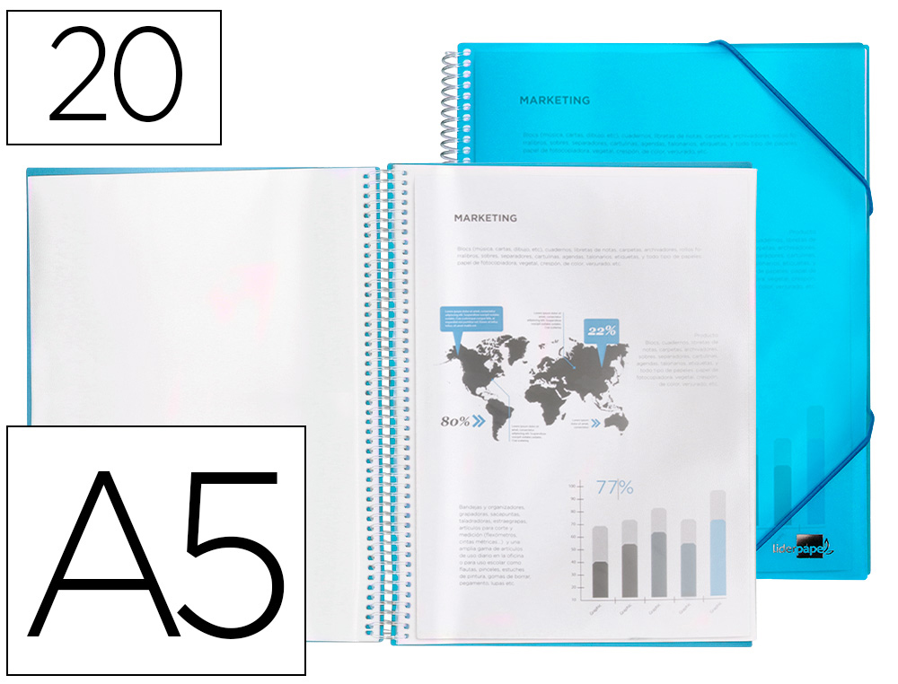 CAPA CATALOGO LIDERPAPEL COM ESPIRAL 20 BOLSAS POLIPROPILENO DIN A5 AZUL