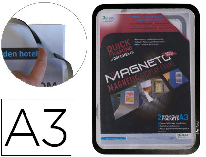 MOLDURA PORTA ANUNCIOS TARIFOLD MAGNETICA DIN A3 COM 4 BANDAS MAGNETICAS NO DORSO COR PRETO PACK DE 2 UNIDADES