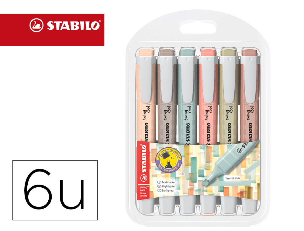 MARCADOR STABILO FLUORESCENTE SWING COOL NATURE COLORS ESTOJO DE 6 UNIDADES CORES SORTIDAS