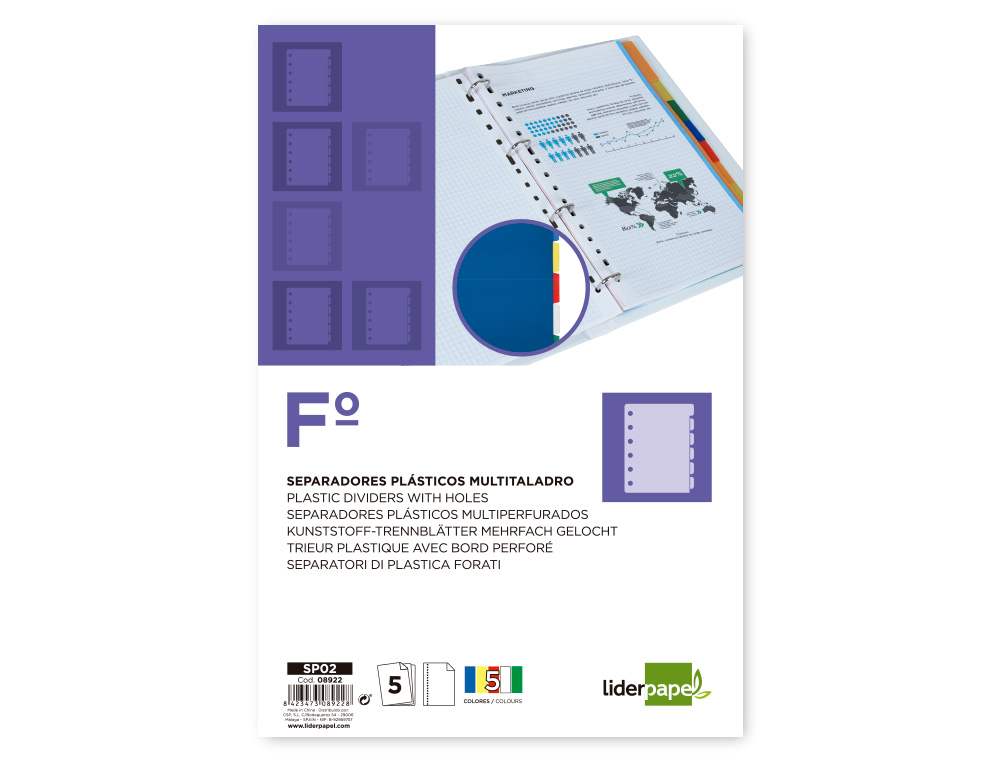 SEPARADORES DE PLASTICO LIDERPAPEL, FOLIO NATURAL, 5 SEPARADORES