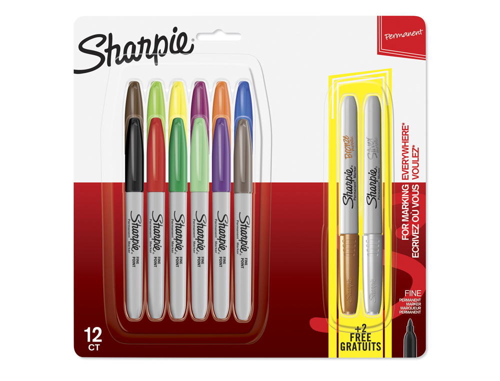 MARCADORES SHARPIE PERMANENTE PONTA FINA BLISTER DE 12 UNIDADES CORES SORTIDAS + 2 UNIDADES COM CORES METALICAS GRATIS