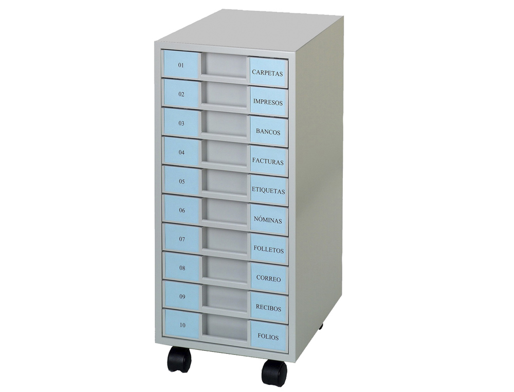 ARQUIVADOR METALICO CLEN 10 BANDEJAS PLASTICO DE 5,5 CM DE ALTURA COM RODAS COR CINCA CLARO 680X303X371 MM