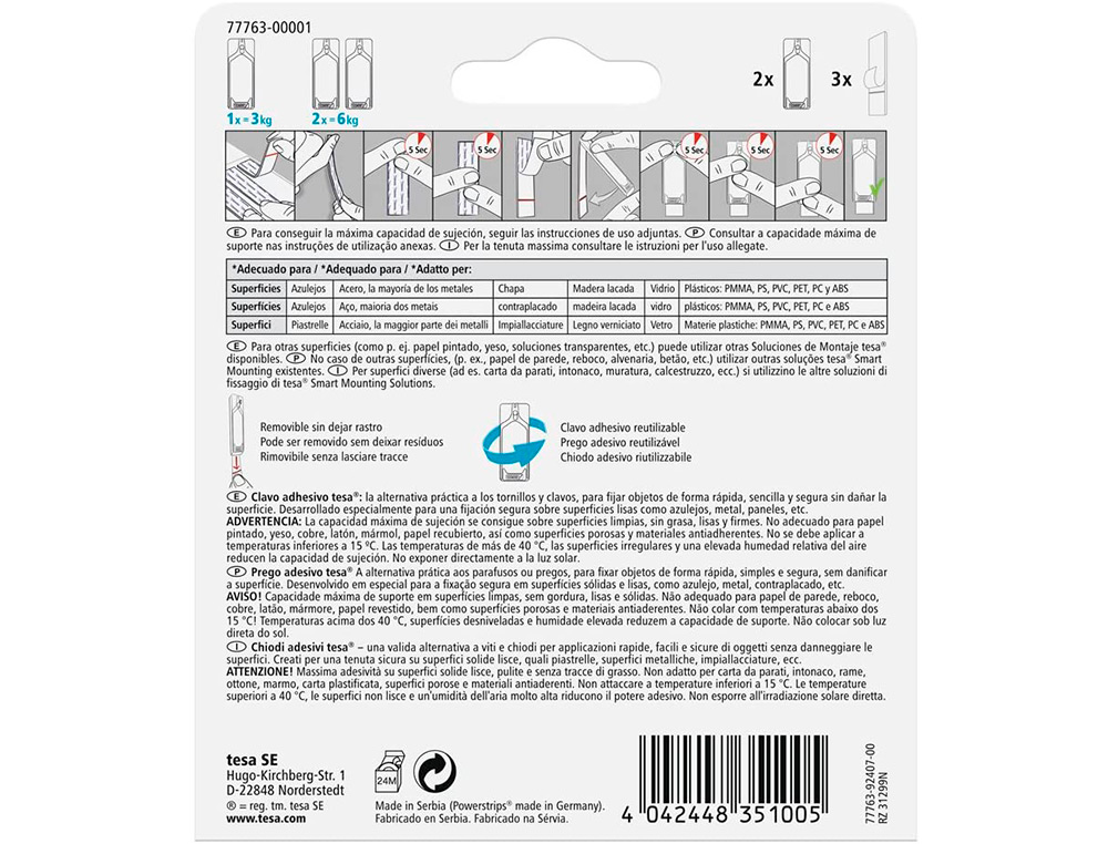 PREGO AUTOADESIVO TESA FIXACAO ATE 2 KG USO AZULEJOS REMOVIVEL BLISTER DE 2 UNIDADES