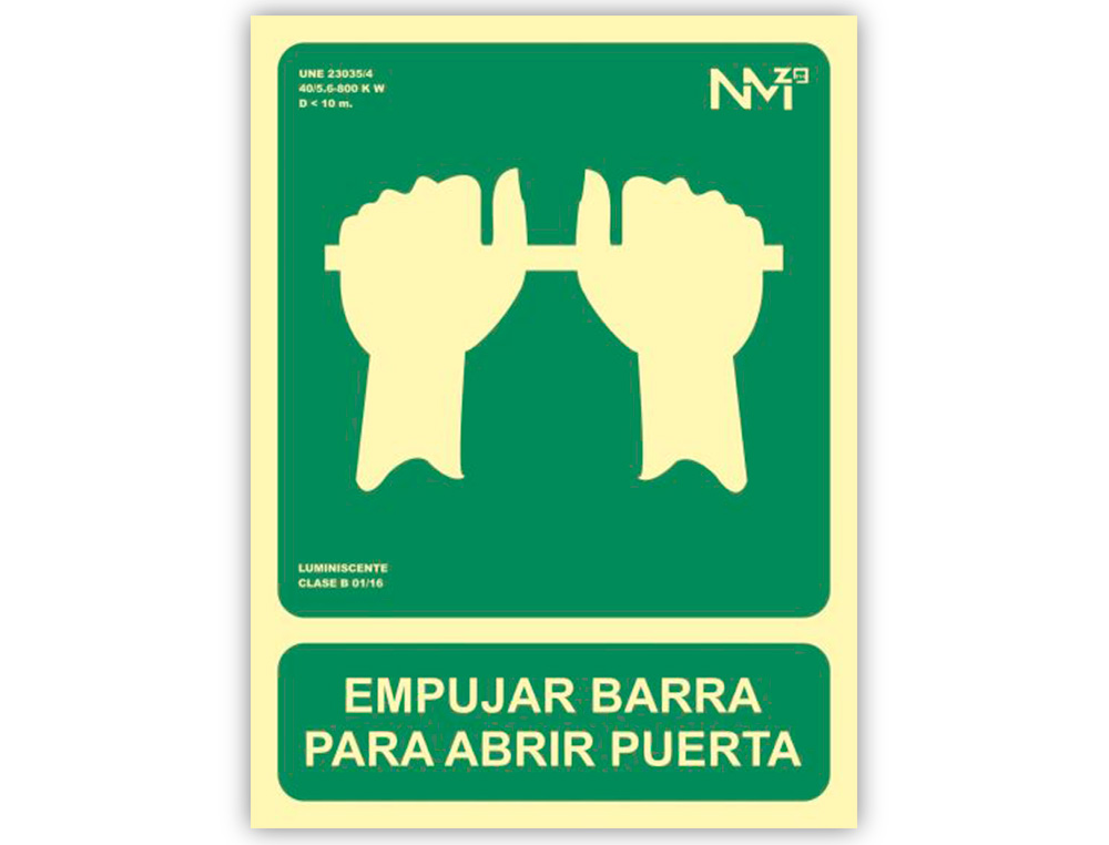 PICTOGRAMA ARCHIVO 2000 EMPURRAR BARRA PARA ABRIR PORTA PVC VERDE LUMINISCENTE 224X300 MM