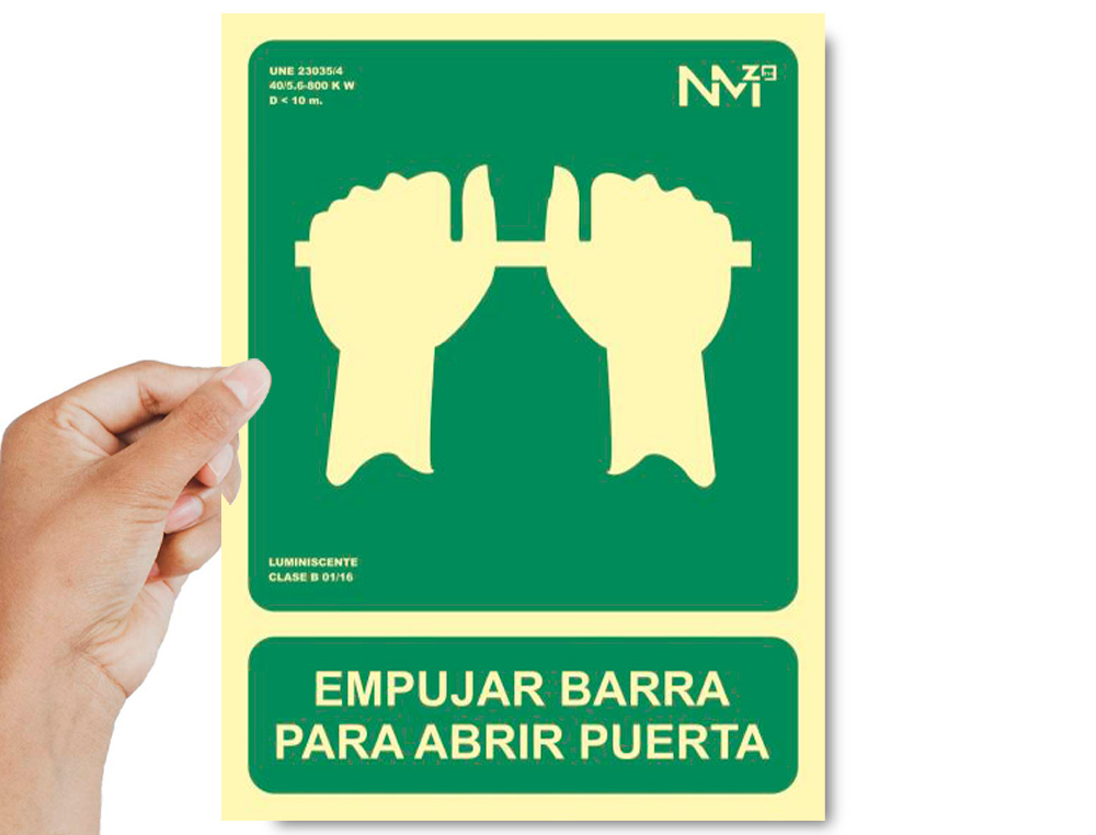 PICTOGRAMA ARCHIVO 2000 EMPURRAR BARRA PARA ABRIR PORTA PVC VERDE LUMINISCENTE 224X300 MM