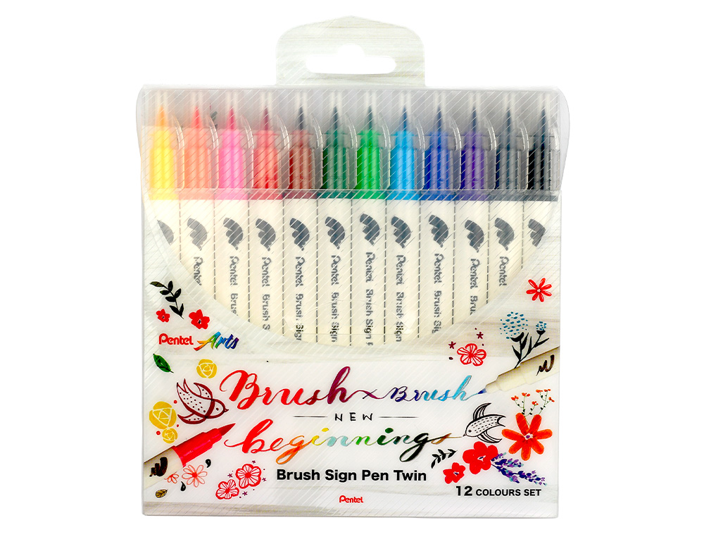PINCEL PENTEL BRUSH SIGN PEN COM PONTA DUPLA ESTOJO COM 12 UNIDADES