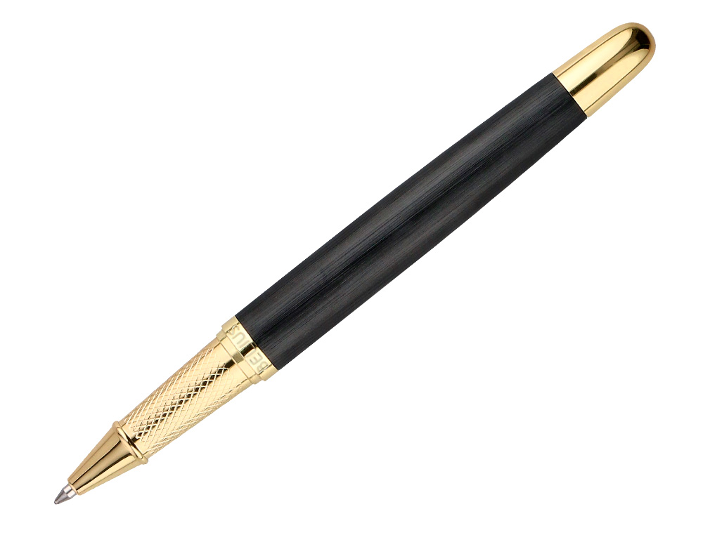 ESFEROGRAFICA E ESTOJO COURO BELIUS PASSION DOR ALUMINIO TEXTURA ESCOVADO PRETO E DOURADO TINTA AZUL CAIXA DESIGN