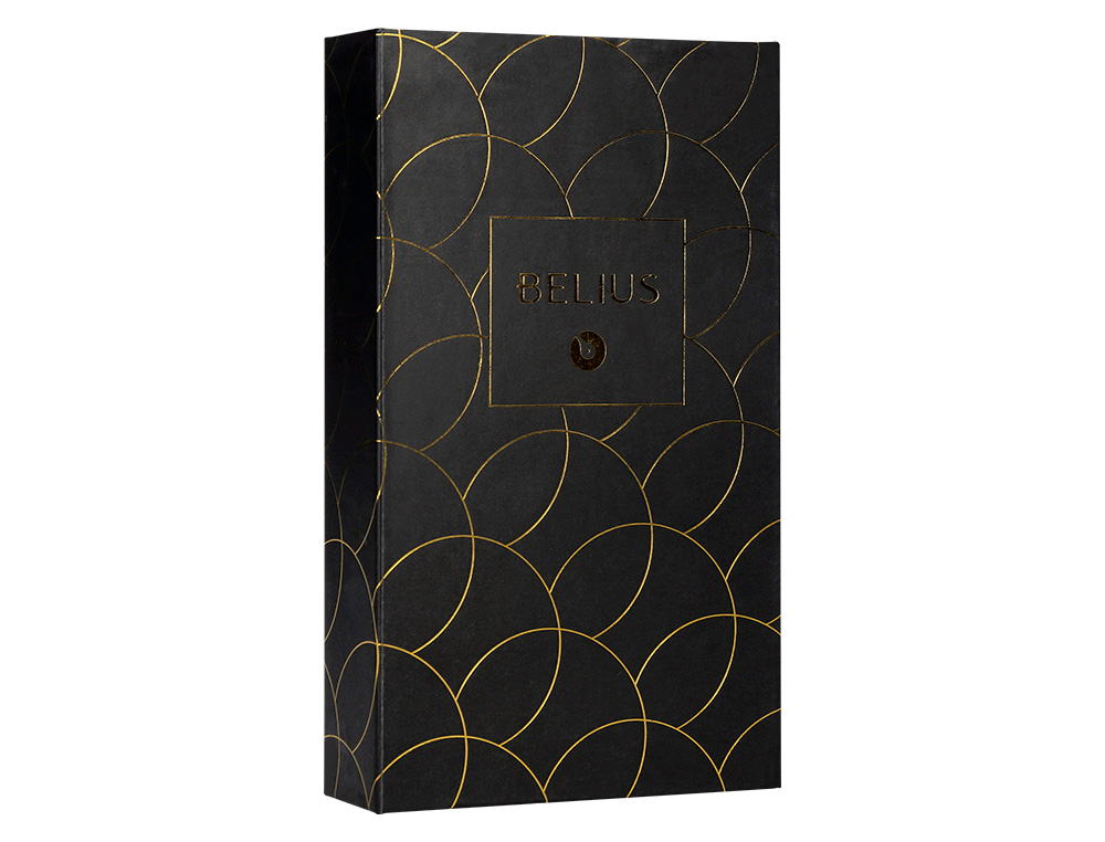 ESFEROGRAFICA E ESTOJO COURO BELIUS PASSION DOR ALUMINIO TEXTURA ESCOVADO PRETO E DOURADO TINTA AZUL CAIXA DESIGN