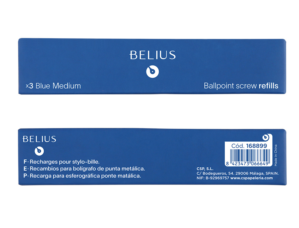 RECARGA ESFEROGRAFICA BELIUS AZUL 0,8 MM CAIXA 3 UNIDADES