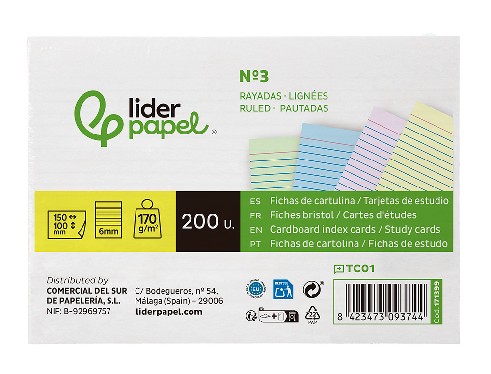 CARTAO LIDERPAPEL PARA ESTUDAR PAUTADO CARTOLINA DE CORES 180 GR 100X150MM EMBALAGEM DE 200 UNIDADES