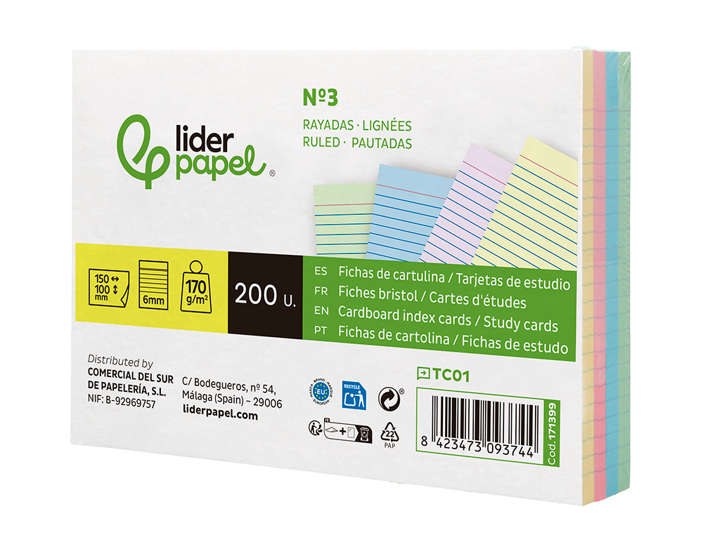 CARTAO LIDERPAPEL PARA ESTUDAR PAUTADO CARTOLINA DE CORES 180 GR 100X150MM EMBALAGEM DE 200 UNIDADES