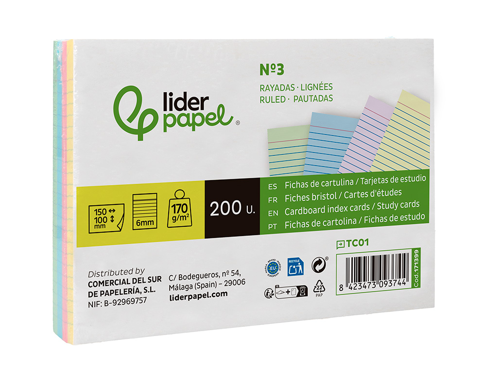 CARTAO LIDERPAPEL PARA ESTUDAR PAUTADO CARTOLINA DE CORES 180 GR 100X150MM EMBALAGEM DE 200 UNIDADES