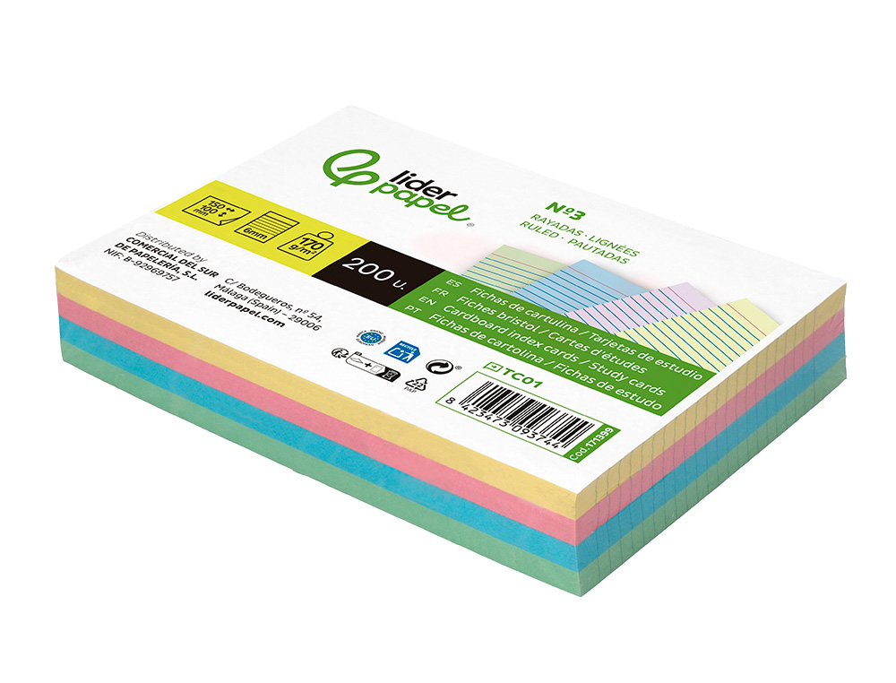 CARTAO LIDERPAPEL PARA ESTUDAR PAUTADO CARTOLINA DE CORES 180 GR 100X150MM EMBALAGEM DE 200 UNIDADES