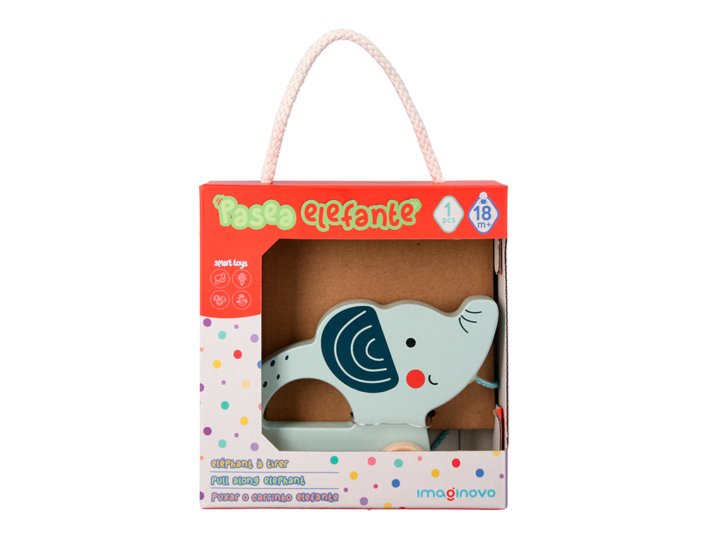 JOGO INFANTIL IMAGINOVO MADEIRA ELEFANTE PARA ARRASTAR COM RODAS +12 MESES 13,4X10X5,4CM