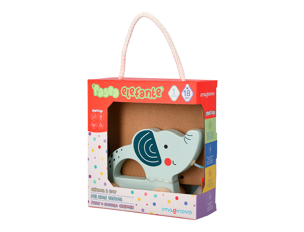 JOGO INFANTIL IMAGINOVO MADEIRA ELEFANTE PARA ARRASTAR COM RODAS +12 MESES 13,4X10X5,4CM