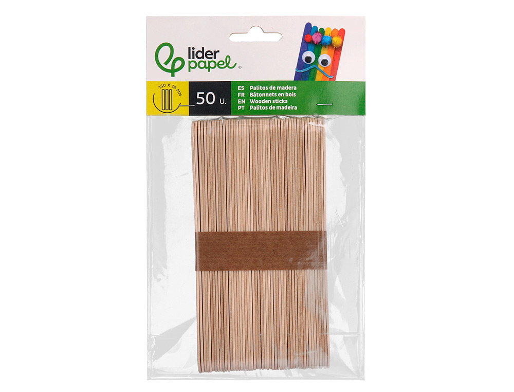 PALITOS DE MADEIRA LIDERPAPEL COR NATURAL 15 X 1,8 CM BOLSA COM 50 UNIDADES