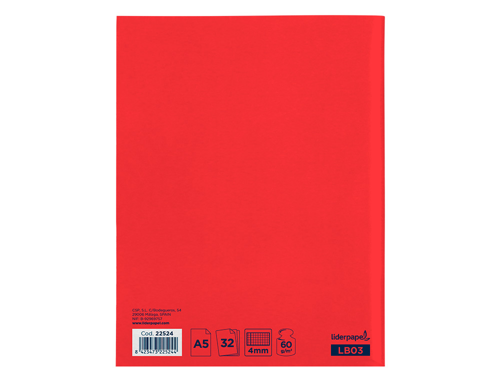 CADERNO ESCOLAR LIDERPAPEL 32 FOLHAS DIN A5 QUADRICULA 4 MM
