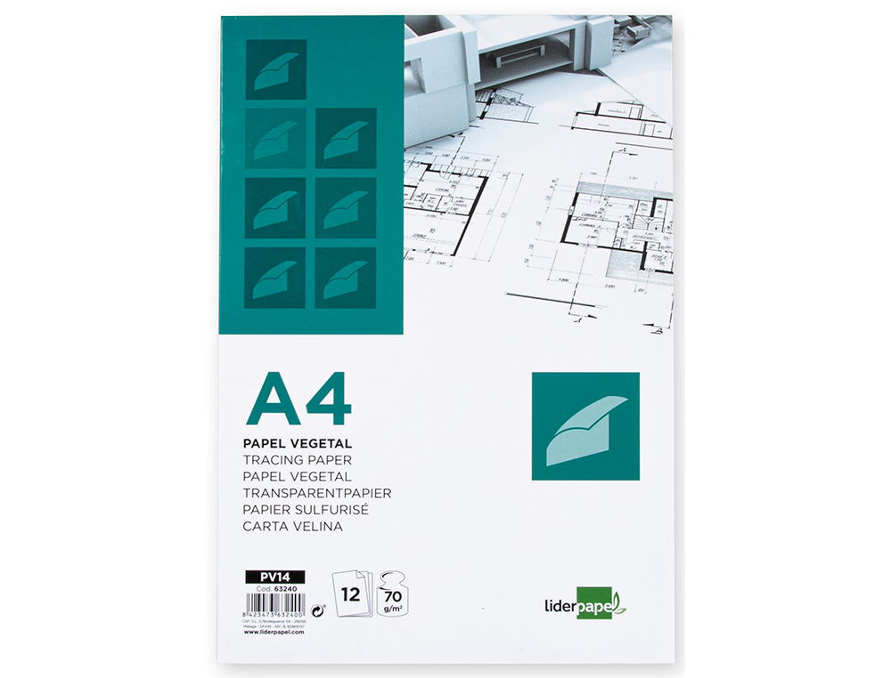 BLOCO DE PAPEL VEGETAL LIDERPAPEL DIN A4 210X297MM 70 GR BOLSA DE 12 FOLHAS