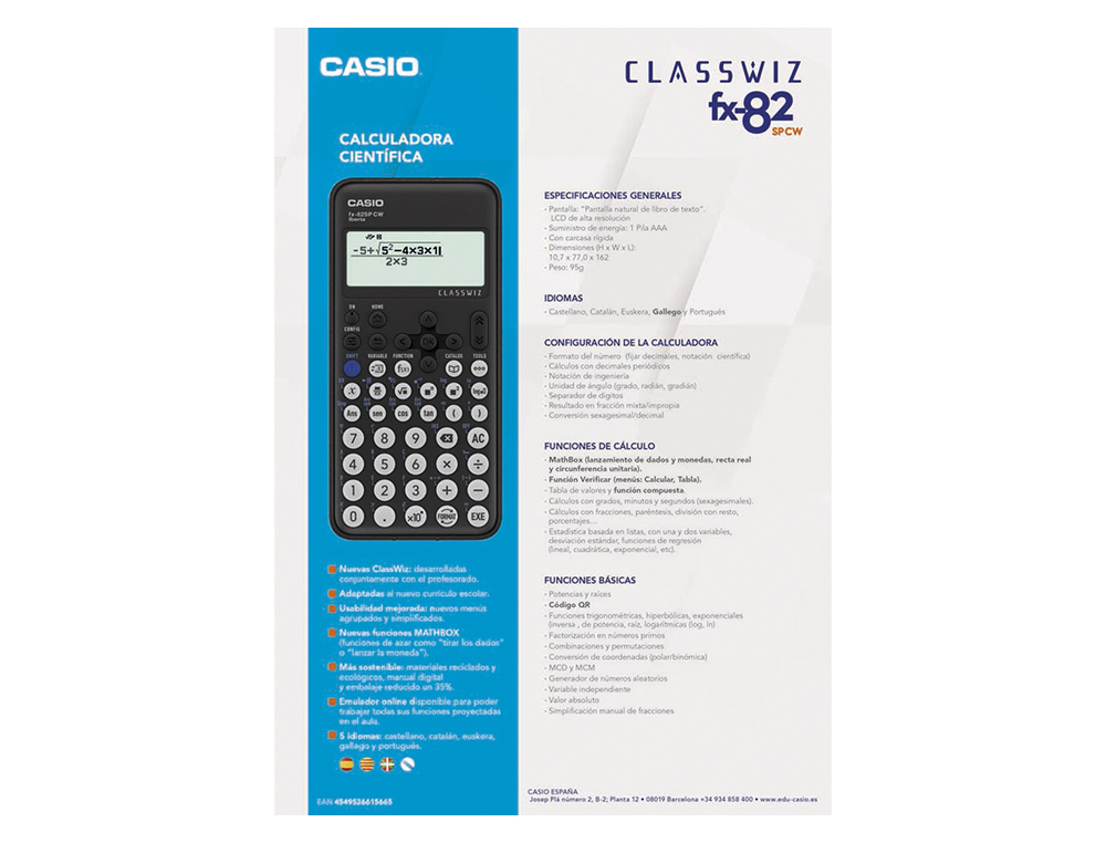 CALCULADORA CASIO FX-82SP CW IBERIA CLASSWIZ CIENTIFICA 300 FUNCOES 9 MEMORIAS COM CAPA