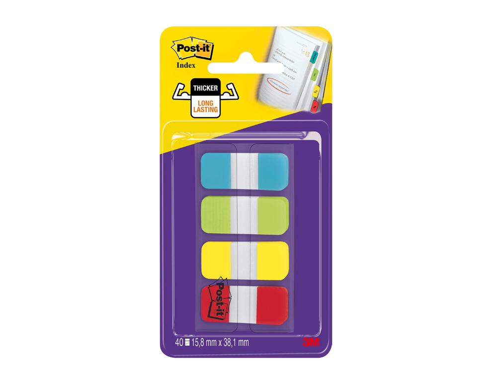 BANDAS SEPARADORAS POST-IT INDEX RIGIDAS DISPENSADOR 4 CORES AMARELO AZUL LIMA E VERMELHO MINI 4X10 MM PACK DE 40 UDS