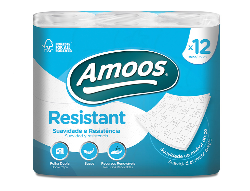 PAPEL HIGIENICO AMOOS 2 FOLHAS 100 MM DIAMETRO X 87 MM ALTURA PACK DE 12 ROLOS