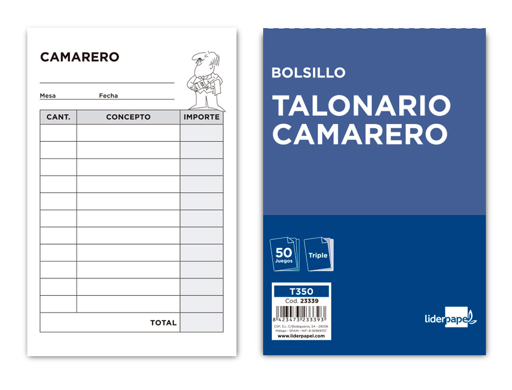 TALONARIO LIDERPAPEL CAMARERO DE BOLSILLO 85X135 MM 350 TRIPLICADO