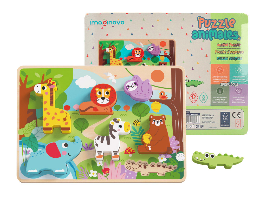 PUZZLE INFANTIL IMAGINOVO MADEIRA 3D ANIMAIS +12 MESES 8 PECAS 29,5X22X1,7CM