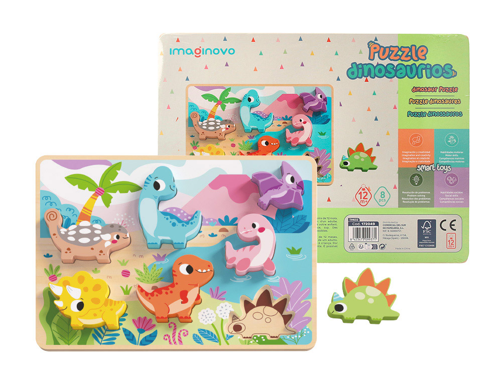 PUZZLE INFANTIL IMAGINOVO MADEIRA 3D DINOSSAUROS +12 MESES 8 PECAS 29,5X22X1,7CM
