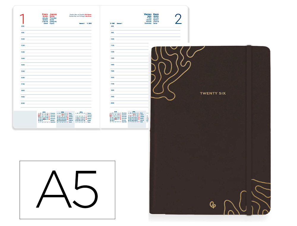AGENDA ENCADERNADA LIDERPAPEL EFIRA A5 2026 DIA PAGINA PRETO PAPEL 70 GR FSC