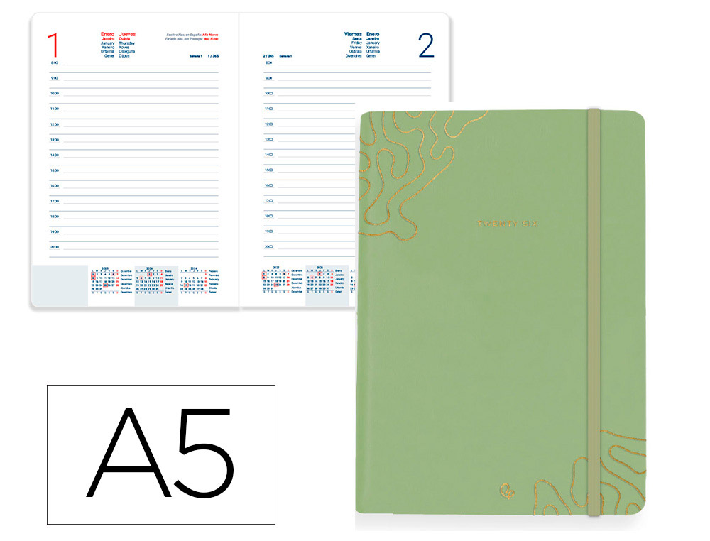 AGENDA ENCADERNADA LIDERPAPEL EFIRA A5 2026 DIA PAGINA VERDE PAPEL 70 GR FSC